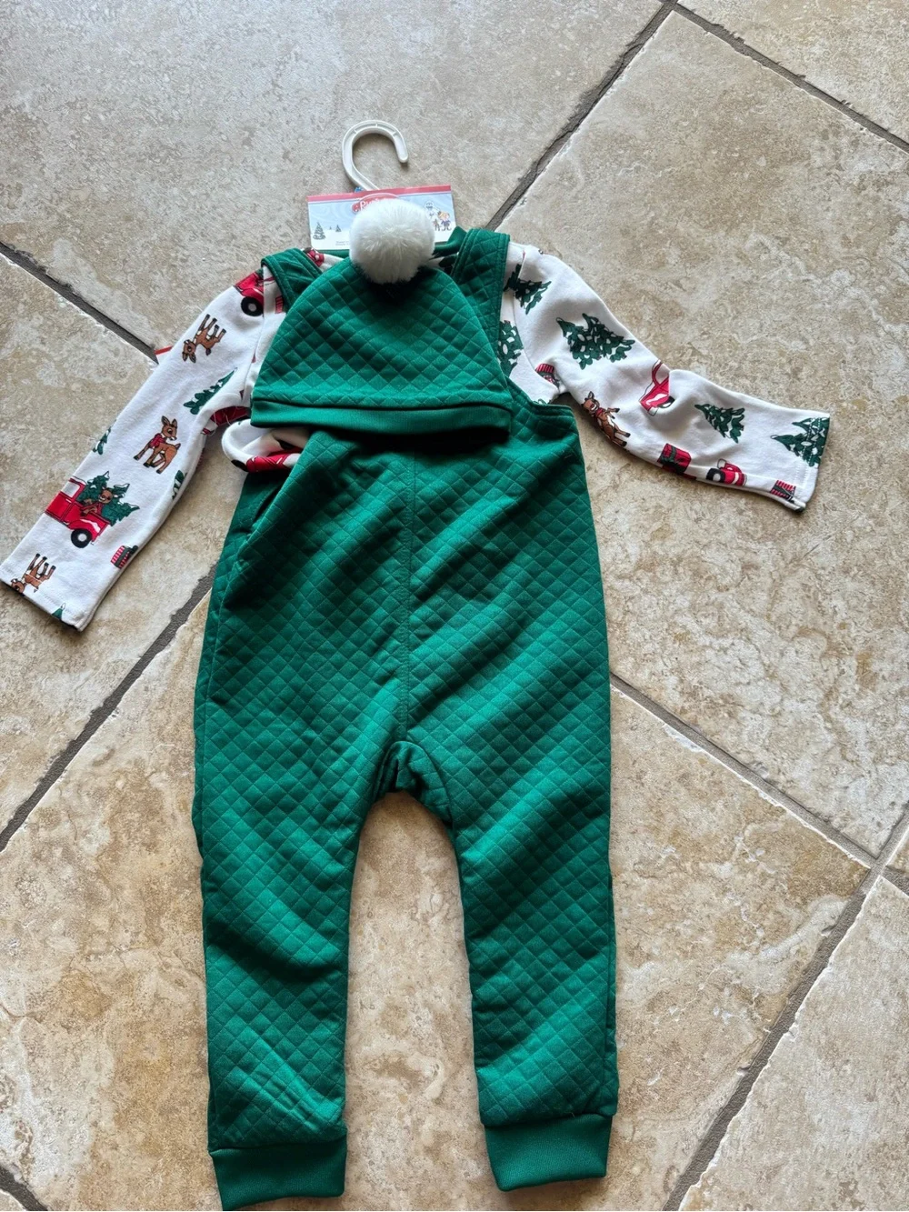 Rudolph the Red-nosed  Reindeer Quilted Green Overalls w/Matching Tee & Hat, 24M